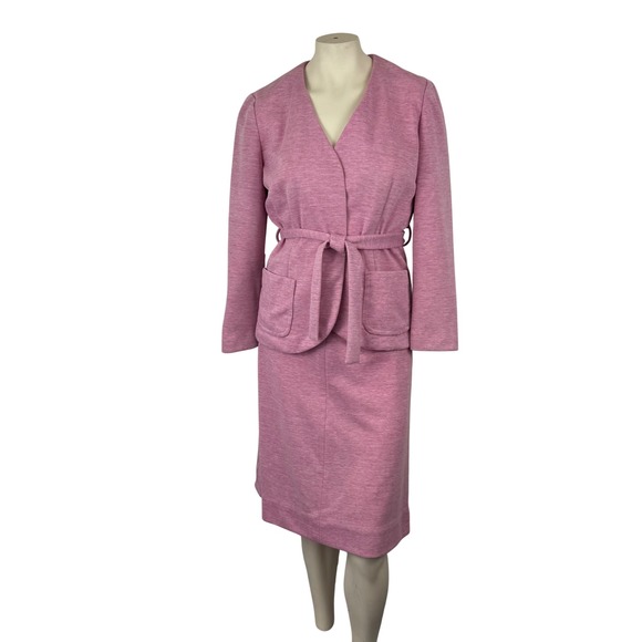 Vintage Dresses & Skirts - Vintage 70s Pink Textured Knit Skirt Suit Belted Blazer &‎ Midi Skirt Set Mod